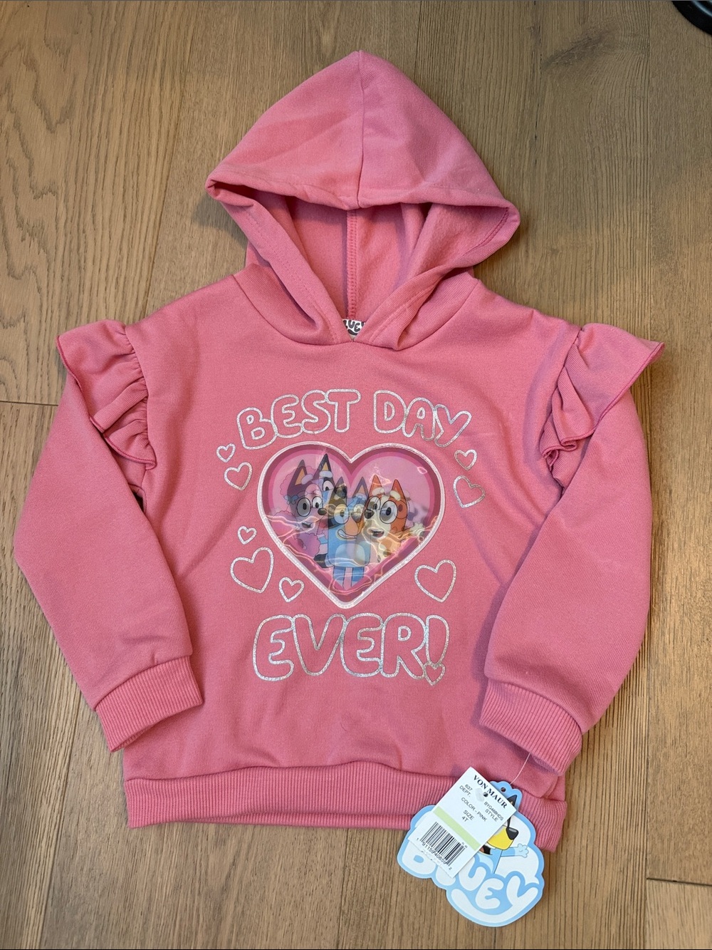 Bluey Toddler Girls Pink Ruffle Sleeve 'Best Day Ever' Hooded Sweatshirt - Picture 1 of 3